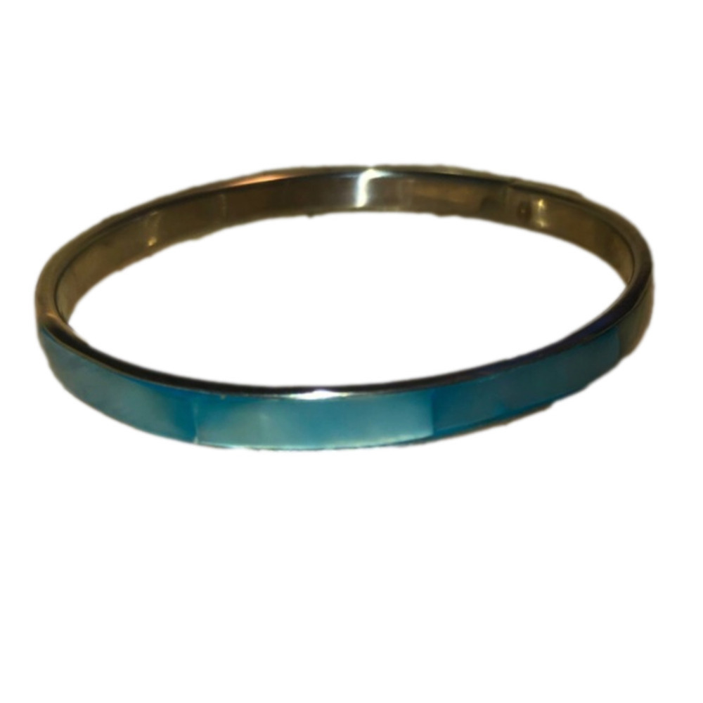 VTG Blue Abalone Inlay Silver Tone Metal Bangle EUC 8”